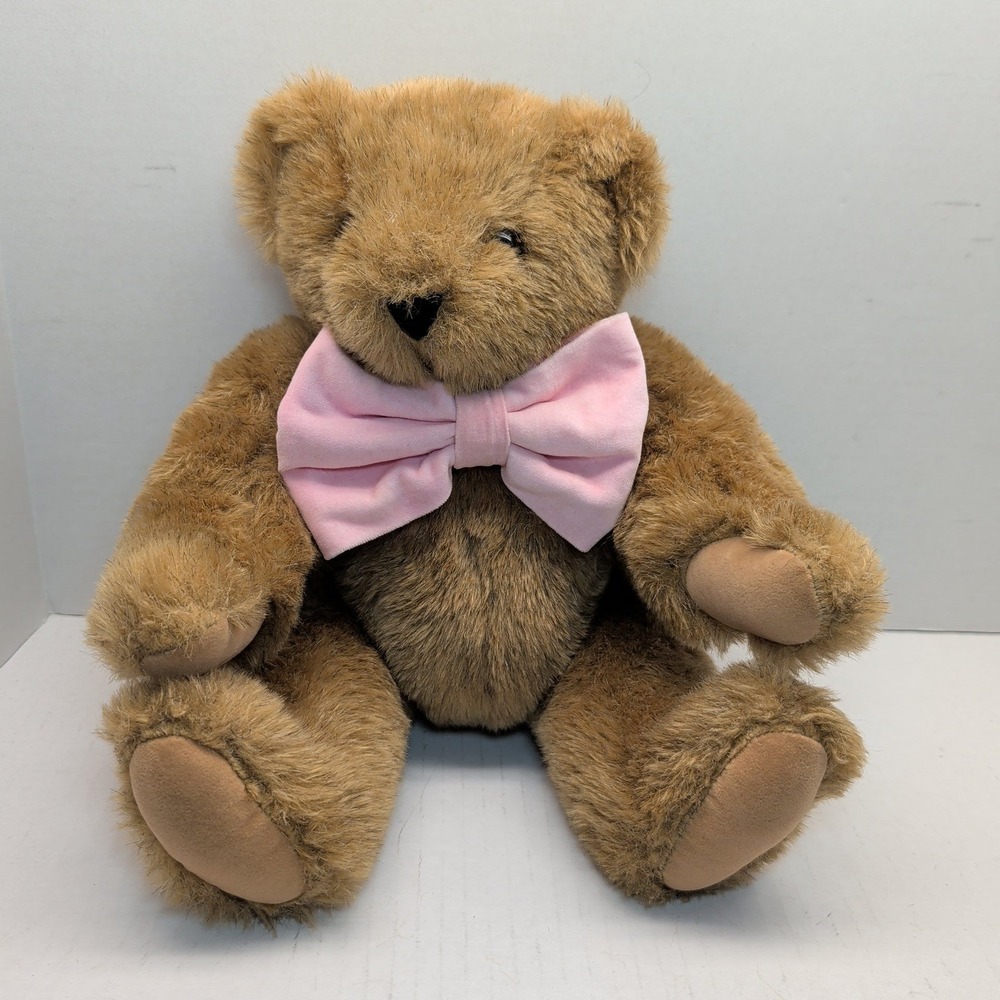 Vermont Teddy Bear Brown Plush Handmade Jointed Pink Bow Tie